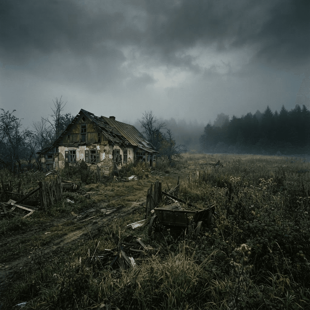 Foggy post-apocalyptic Namalsk countryside at dusk